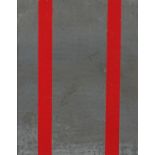 Abstract composition, two vertical red lines, acrylic on lead sheet, bearing a signature Forey '82