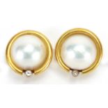 Pair of 18ct gold simulated pearl and clear stone earrings, 2cm in diameter, approximate weight 11.