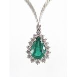 18ct white gold tear drop Emerald and Diamond necklace, 40cm in length, approximate weight 21.6g The