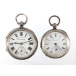 Two gentleman's silver open face pocket watches, improved patent English Lever, numbered 740580,