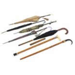 Walking sticks and parasols including a walking stick with concealed parasol, Malacca walking cane