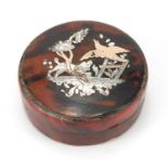 18th century circular red tortoiseshell snuff box with gold and silver pique work, decorated with