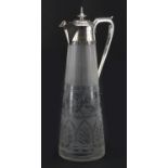 Edwardian cut glass claret jug with silver plated mounts, etched with flowers, 31.5cm high : For