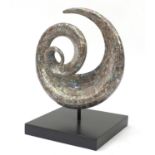 Stylish Abalone spiral sculpture on square black base by Parlane, 56cm high : For further