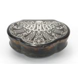 18th century shaped tortoiseshell and silver pique work snuff box, the hinged lid decorated with