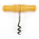 19th century travelling turned ivory corkscrew with steel worm, 6cm wide : For further Condition