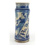 Antique Delft tin glazed drug jar, hand painted with a female and a landscape, 31.5cm high : For