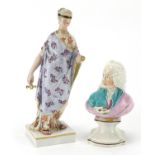 18th century Derby figurine and a 19th century Staffordshire bust of Sir Isaac Newton, the largest