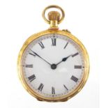 Ladies continental 18ct gold pocket watch, with floral chased decoration, 3.2cm in diameter,