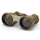 Pair of Edwardian brass opera glasses with octagonal barrels, engraved with flowers, 11cm wide : For