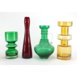 Art glassware including a red glass vase and two Riihimäki vases, the largest 28cm high : For