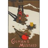 Vintage Coleman's mustard advertising poster, depicting a man warming his hands over a fire with a