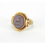 Antique 18ct gold hard stone seal ring, with a stag, size L, approximate weight 9.2g : For further