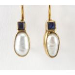 Pair of unmarked gold pearl and sapphire earrings, 2.3cm in length, approximate weight 1.7g : For