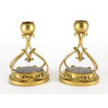 Pair of Ormolu candlesticks with applied champlevé enamel panels, 14cm high : For further