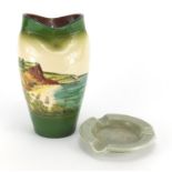 Susie Cooper pottery ashtray and a Torquay vase hand painted with Oddicombe Beach, the largest