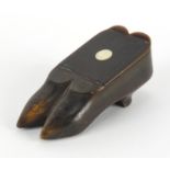 Georgian horn double shoe snuff box, with floral metal stud work and bone inlay, 9cm in length : For