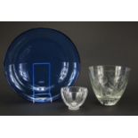 Blue Orrefors glass bowl together with a Kosta Boda clear glass vase and vase etched with stylised