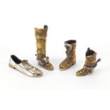 Four 925 silver and brass shoes including cowboy boots, the largest 5.5cm high, approximate weight