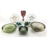 Art glassware including a pair of Orrefors Coquilla dishes, pair of flower head dishes and