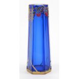 Faceted hexagonal blue glass vase gilded and jewelled with cherry trees, 22cm high : For further