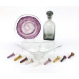 Glassware including a Daum clear glass vase, Isle of Wight purple dish and a Dartington decanter,