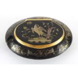 18th century oval tortoiseshell and gold pique work snuff box with gold mounts, decorated with a