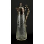 Victorian cut glass claret jug, with silver plated mounts, the tapering body etched with a girl in a