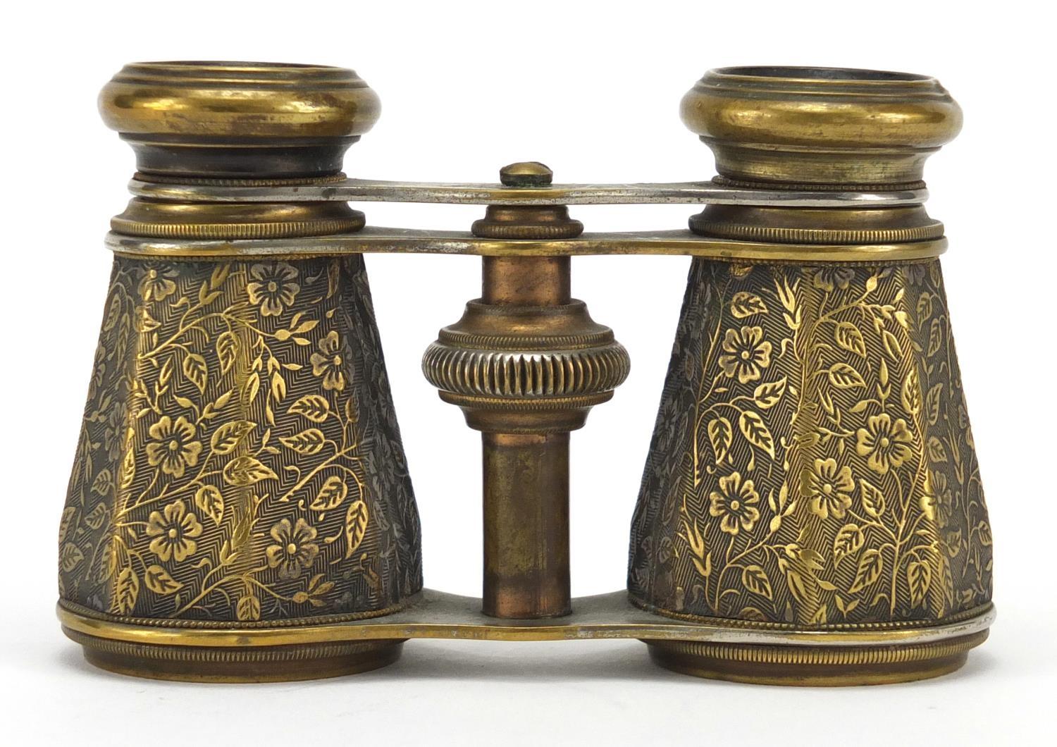 Pair of Edwardian brass opera glasses with octagonal barrels, engraved with flowers, 11cm wide : For - Image 5 of 6