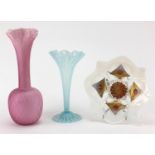 Victorian glassware comprising a satin glass vase, vaseline frilled glass vase and one other, the