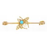 9ct gold seed pearl and turquoise fly brooch, housed in a Dibdin & Co tooled leather box, 3.5cm in