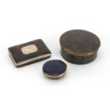 18th century circular blue enamel patch box and two snuff boxes including a silver mounted