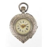 Ladies continental 935 grade silver pocket watch of love heart design, with enamelled dial, numbered