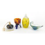 Art glassware including a yellow Mdina scent bottle and Royal Brierley iridescent atomiser, the