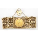9ct gold eight row gate bracelet, set with an 1892 gold sovereign, approximate weight 39.0g : For