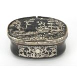 18th century oval tortoiseshell and silver pique work snuff box, decorated with two figures on