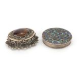 Mexican silver box, the hinged lid set with a cabochon tigers eye and a circular silver compact, the