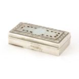 Rectangular continental silver snuff box, the hinged lid with inset Canton mother of Pearl