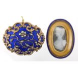 Victorian gilt metal blue enamel mourning brooch set with seed pearls and a diamond, together with a