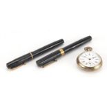 800 grade silver pocket watch and two Swan fountain pens, one with 18ct gold band, both with 14ct