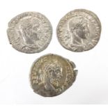 Three Roman silver denarius, Septimius Severus, Elagabalus and Severus Alexander, approximate weight
