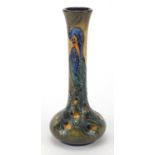 Moorcroft pottery long necked vase by Rachel Bishop, hand painted with a stylised bird, 21cm