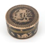 18th century circular tortoiseshell and gold pique work snuff box, decorated with butterflies and