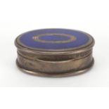800 grade silver and enamel pill box, with hinged lid, 3.8cm wide, approximate weight 20.5g : For