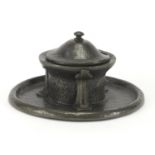 Arts & Crafts English pewter inkwell with liner, impressed Sweenews Bradford English Pewter to the