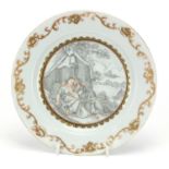 Chinese porcelain plate, finely hand painted with two lovers before a landscape within a gilt