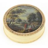 18th century circular ivory snuff box with gilt mount and red tortoiseshell lining, the lid hand