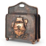 Arts & Crafts Newlyn school copper letter rack, embossed with a stylised ship, 17cm H x 14cm W x 6cm