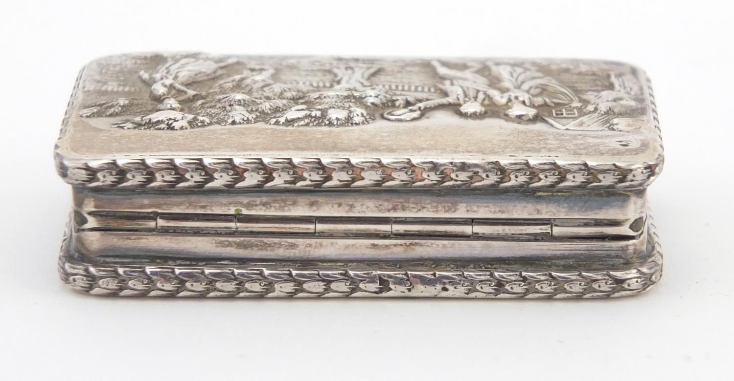 Rectangular silver snuff box, the hinged lid embossed with figures before a cottage, D M & S - Image 4 of 6