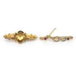 Two 9ct gold bar brooches, one set with seed pearls and garnets, the other with a diamond, 4.5cm
